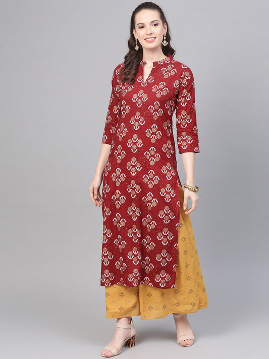 Berry Red & Mustard Yellow Gold Printed Kurta Set With Skirt | LASVINI - Redefining Indian Fashion with Elegance