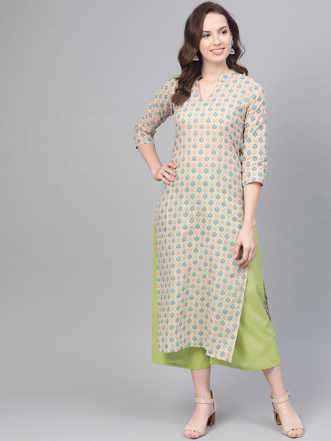 Cream Printed Kurta Set With Solid Green Pant | LASVINI - Redefining Indian Fashion with Elegance