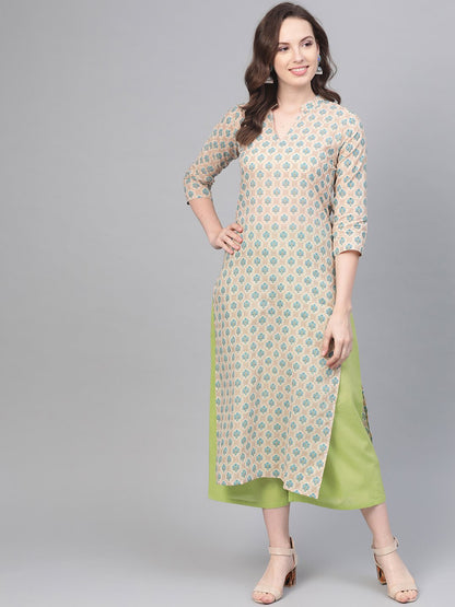 Cream Printed Kurta Set With Solid Green Pant | LASVINI - Redefining Indian Fashion with Elegance