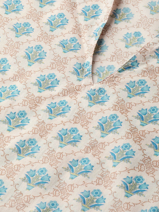 Cream Printed Kurta Set With Solid Green Pant | LASVINI - Redefining Indian Fashion with Elegance