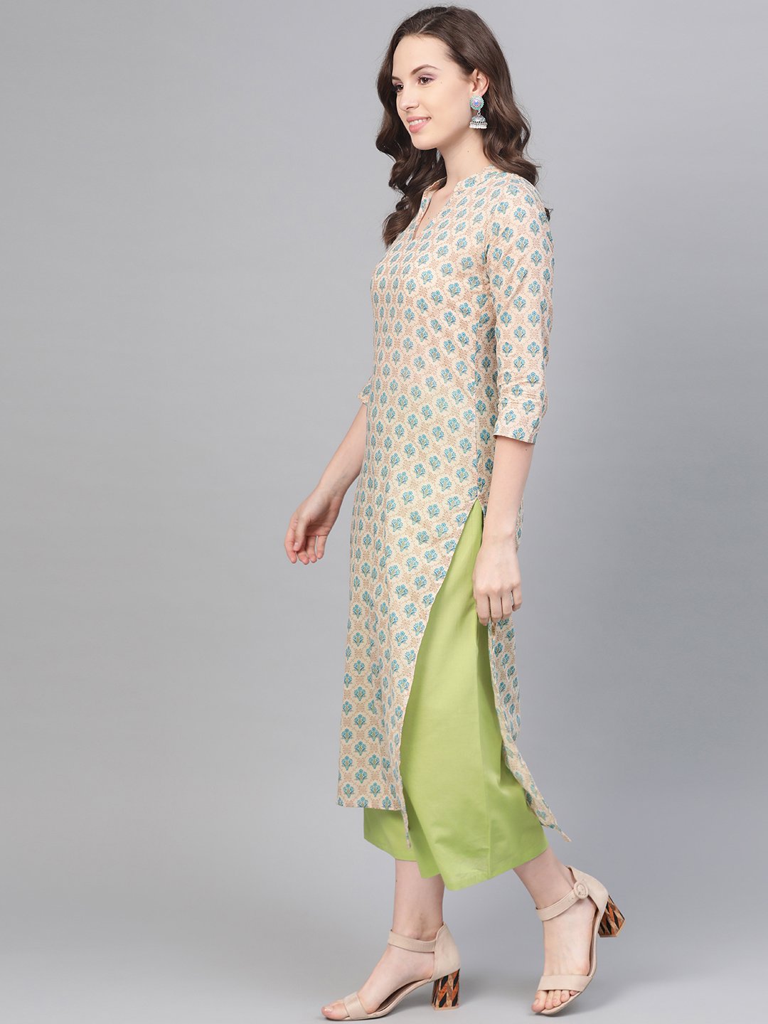 Cream Printed Kurta Set With Solid Green Pant | LASVINI - Redefining Indian Fashion with Elegance