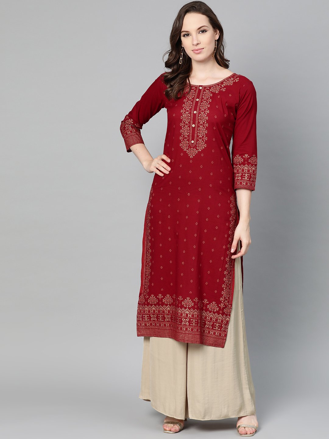 Maroon Gold Printed Kurta With Round Neck & 3/4 Sleeves | LASVINI - Redefining Indian Fashion with Elegance