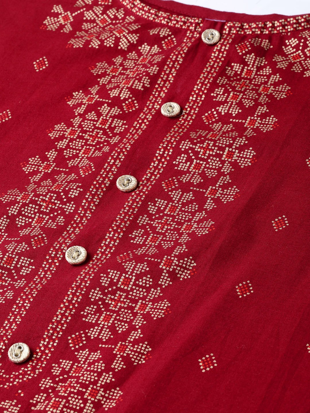 Maroon Gold Printed Kurta With Round Neck & 3/4 Sleeves | LASVINI - Redefining Indian Fashion with Elegance