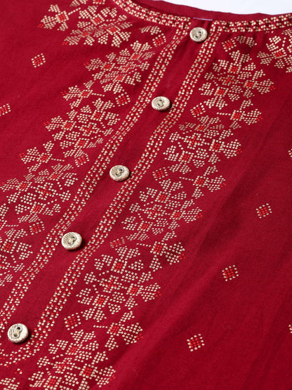 Maroon Gold Printed Kurta With Round Neck & 3/4 Sleeves | LASVINI - Redefining Indian Fashion with Elegance