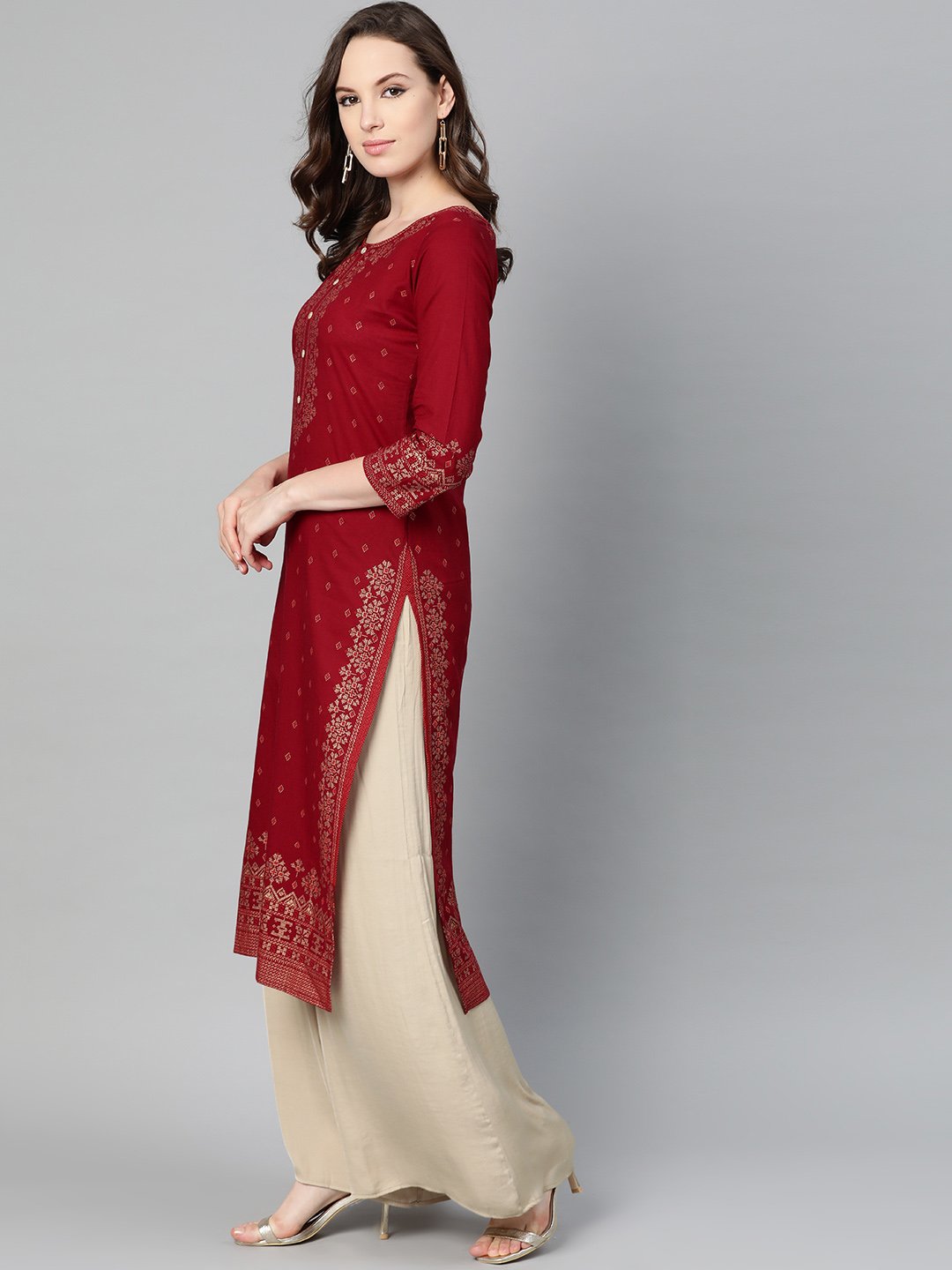 Maroon Gold Printed Kurta With Round Neck & 3/4 Sleeves | LASVINI - Redefining Indian Fashion with Elegance
