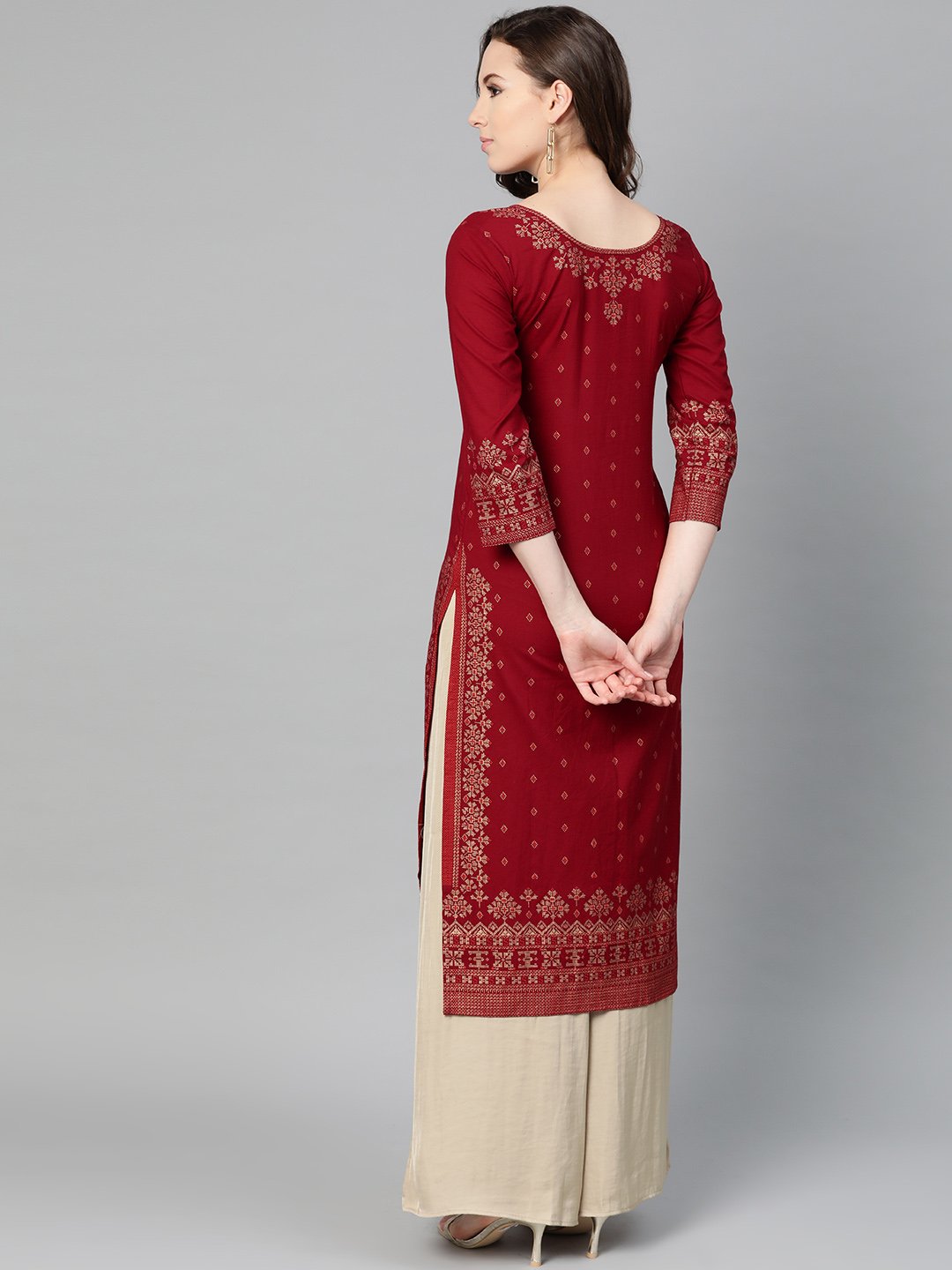 Maroon Gold Printed Kurta With Round Neck & 3/4 Sleeves | LASVINI - Redefining Indian Fashion with Elegance