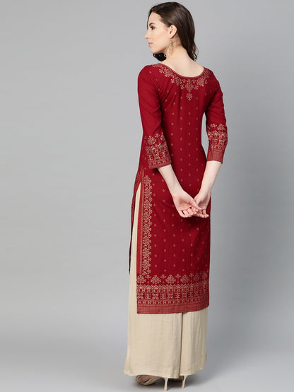Maroon Gold Printed Kurta With Round Neck & 3/4 Sleeves | LASVINI - Redefining Indian Fashion with Elegance