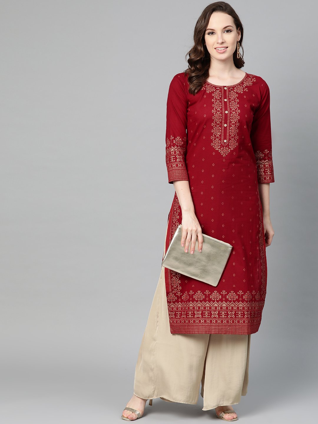 Maroon Gold Printed Kurta With Round Neck & 3/4 Sleeves | LASVINI - Redefining Indian Fashion with Elegance