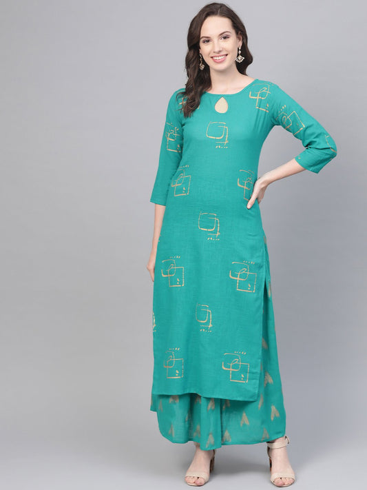 Green Printed Kurta Set With Printed Skirt | LASVINI - Redefining Indian Fashion with Elegance