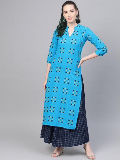 Blue And Beige Printed Kurta Set With Printed Skirt | LASVINI - Redefining Indian Fashion with Elegance