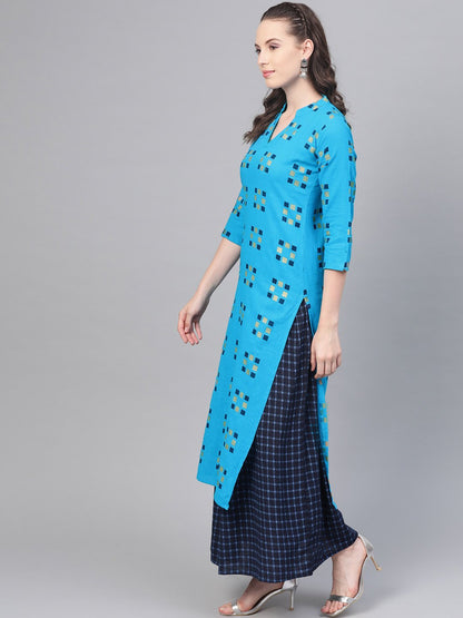Blue And Beige Printed Kurta Set With Printed Skirt | LASVINI - Redefining Indian Fashion with Elegance