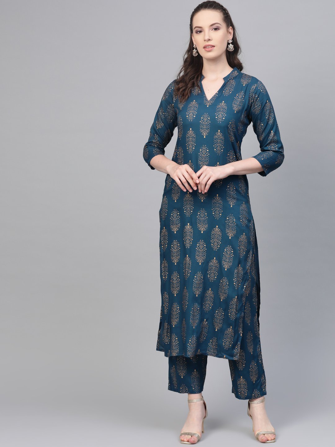 Teal Blue Gold Printed Kurta Set With Pant | LASVINI - Redefining Indian Fashion with Elegance