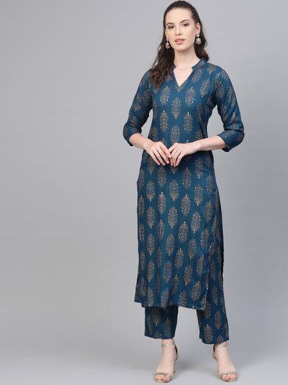 Teal Blue Gold Printed Kurta Set With Pant | LASVINI - Redefining Indian Fashion with Elegance