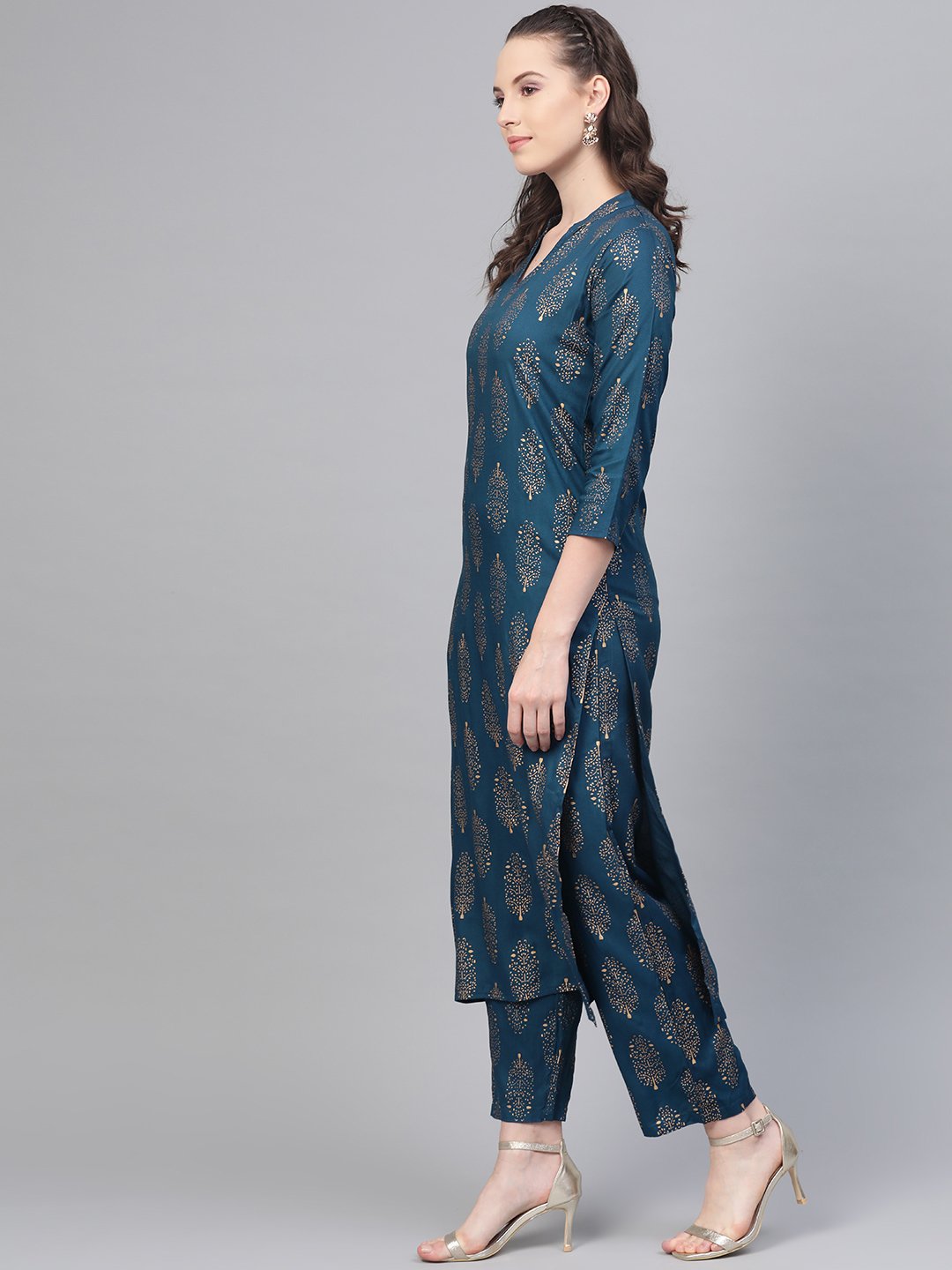 Teal Blue Gold Printed Kurta Set With Pant | LASVINI - Redefining Indian Fashion with Elegance