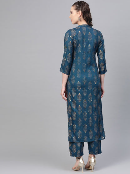 Teal Blue Gold Printed Kurta Set With Pant | LASVINI - Redefining Indian Fashion with Elegance