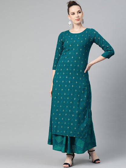 Teal Green Gold Geometric Printed Kurta Set With Skirt | LASVINI - Redefining Indian Fashion with Elegance