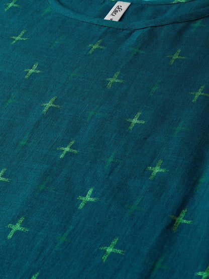 Teal Green Gold Geometric Printed Kurta Set With Skirt | LASVINI - Redefining Indian Fashion with Elegance