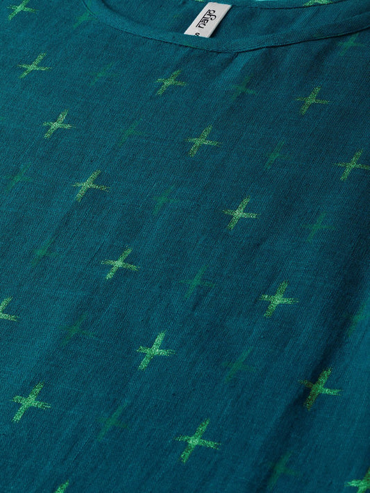 Teal Green Gold Geometric Printed Kurta Set With Skirt | LASVINI - Redefining Indian Fashion with Elegance