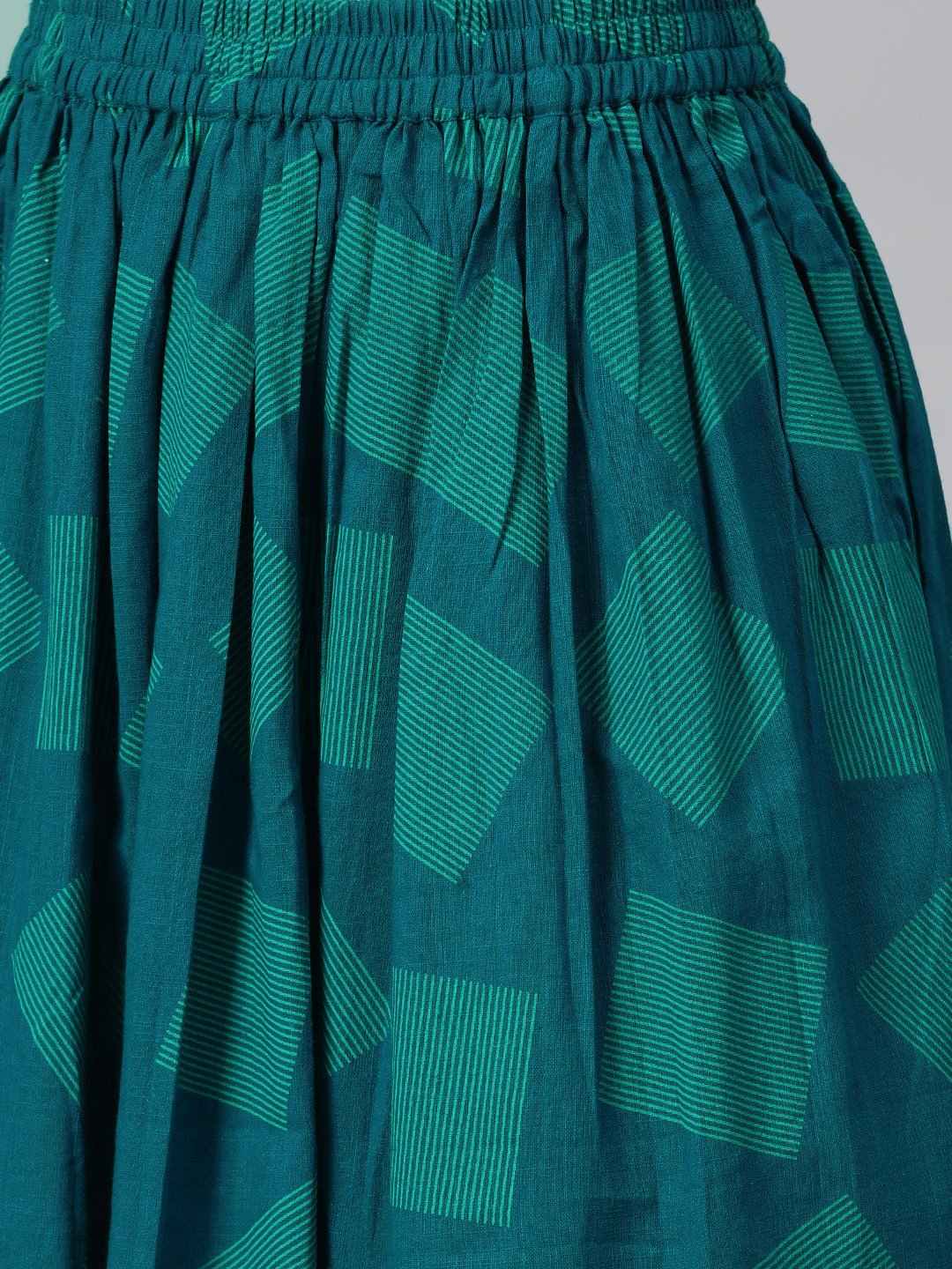 Teal Green Gold Geometric Printed Kurta Set With Skirt | LASVINI - Redefining Indian Fashion with Elegance