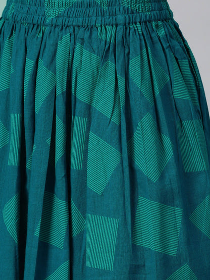 Teal Green Gold Geometric Printed Kurta Set With Skirt | LASVINI - Redefining Indian Fashion with Elegance