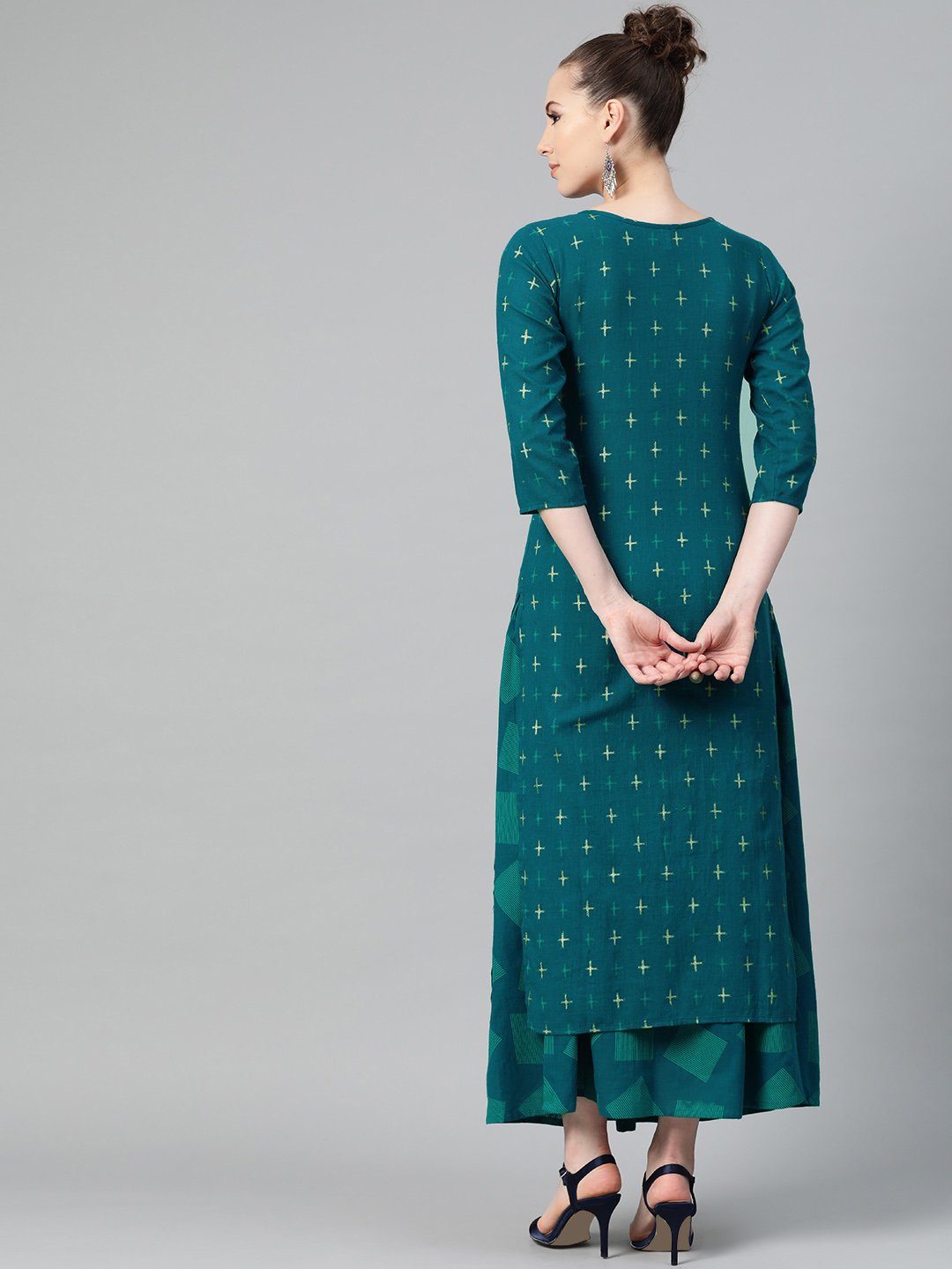 Teal Green Gold Geometric Printed Kurta Set With Skirt | LASVINI - Redefining Indian Fashion with Elegance