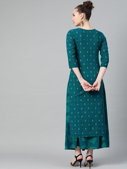 Teal Green Gold Geometric Printed Kurta Set With Skirt | LASVINI - Redefining Indian Fashion with Elegance