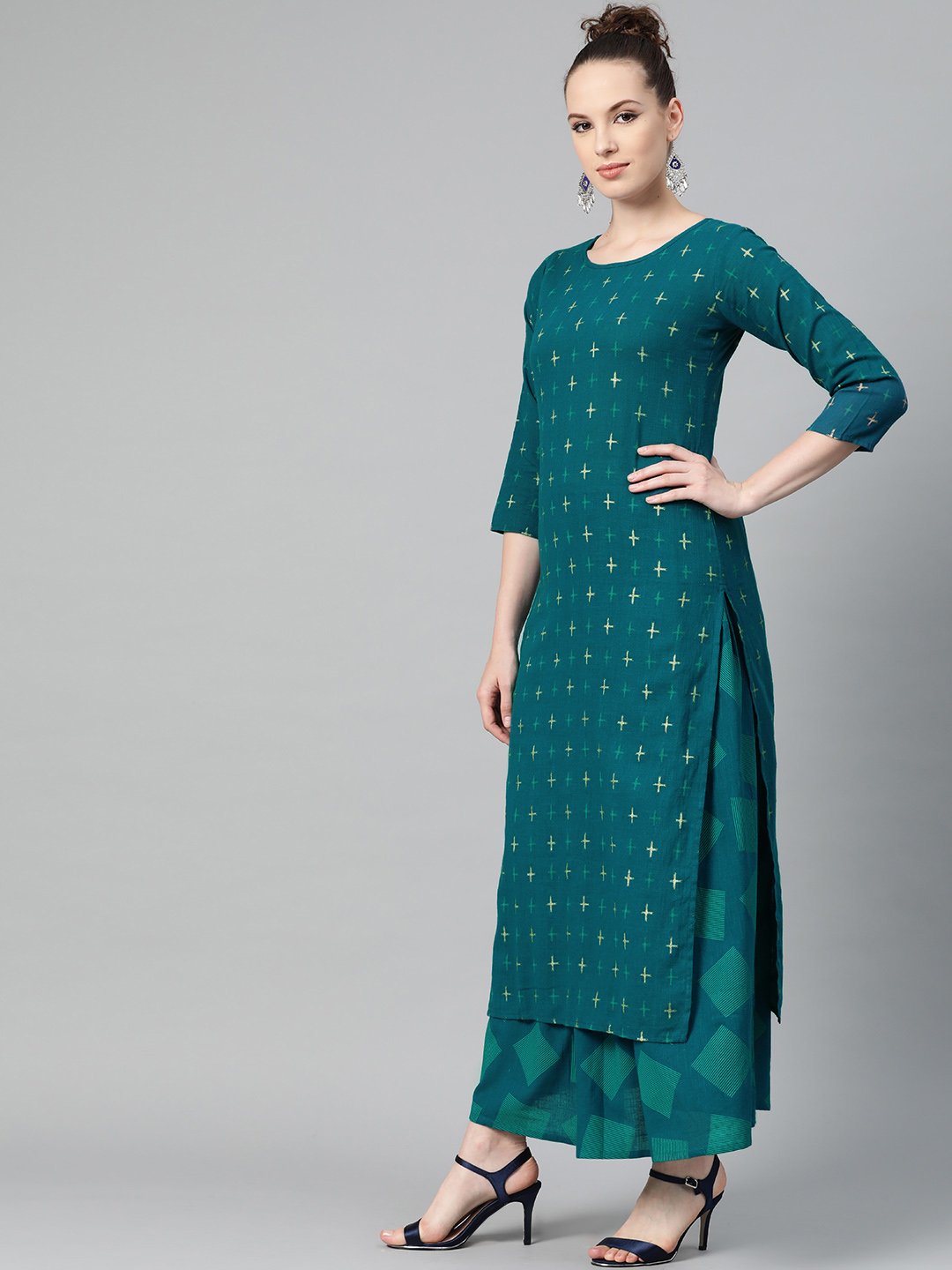 Teal Green Gold Geometric Printed Kurta Set With Skirt | LASVINI - Redefining Indian Fashion with Elegance