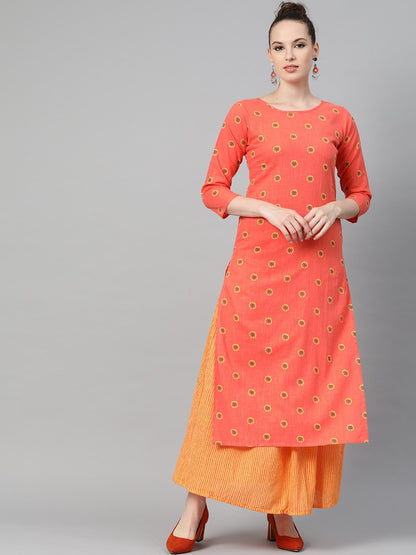 Peach & Mango Yellow Printed Kurta Set With Skirt | LASVINI - Redefining Indian Fashion with Elegance