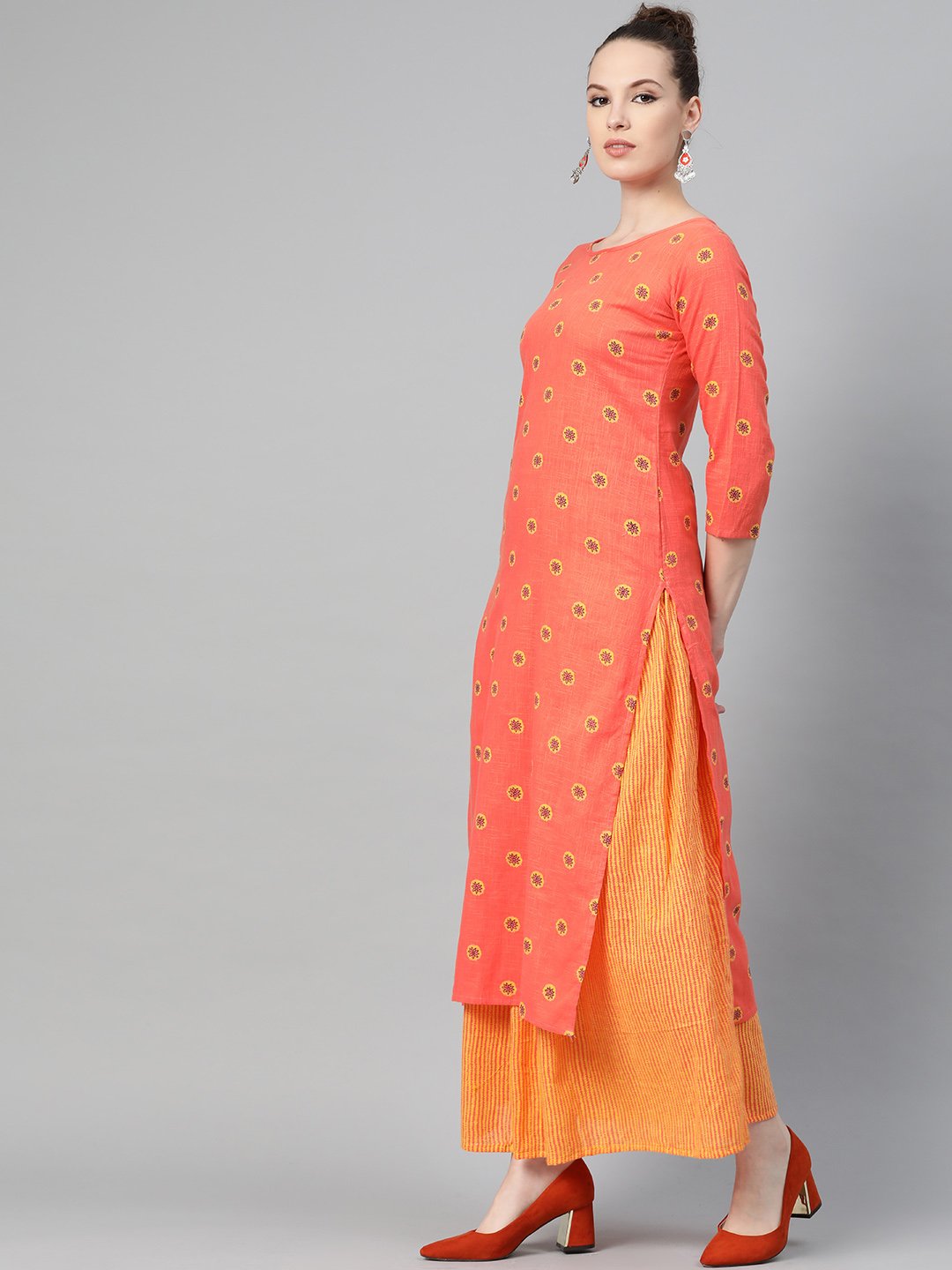 Peach & Mango Yellow Printed Kurta Set With Skirt | LASVINI - Redefining Indian Fashion with Elegance