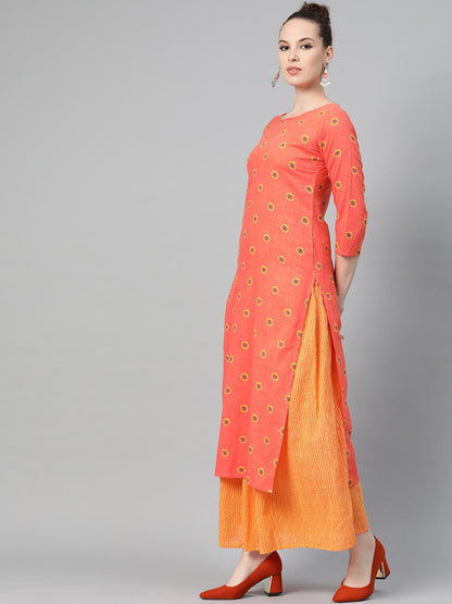 Peach & Mango Yellow Printed Kurta Set With Skirt | LASVINI - Redefining Indian Fashion with Elegance