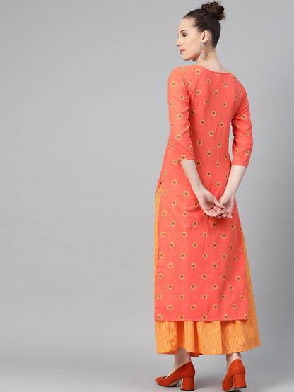 Peach & Mango Yellow Printed Kurta Set With Skirt | LASVINI - Redefining Indian Fashion with Elegance