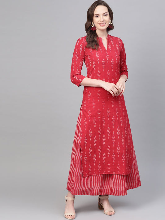 Fuscia Pink & Grey Ikat Printed Kurta Set With Skirt | LASVINI - Redefining Indian Fashion with Elegance