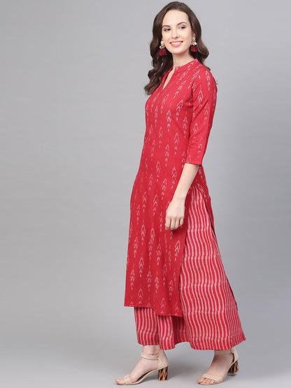Fuscia Pink & Grey Ikat Printed Kurta Set With Skirt | LASVINI - Redefining Indian Fashion with Elegance