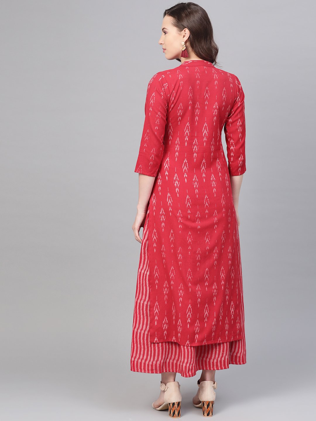 Fuscia Pink & Grey Ikat Printed Kurta Set With Skirt | LASVINI - Redefining Indian Fashion with Elegance