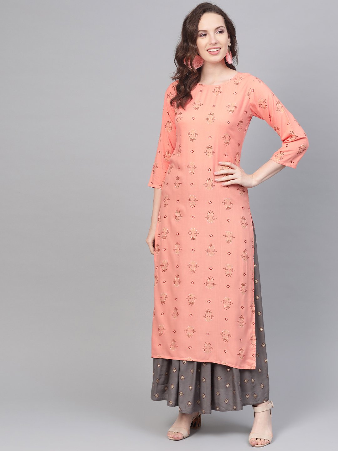 Peach & Grey Gold Printed Straight Kurta Set With Skirt | LASVINI - Redefining Indian Fashion with Elegance