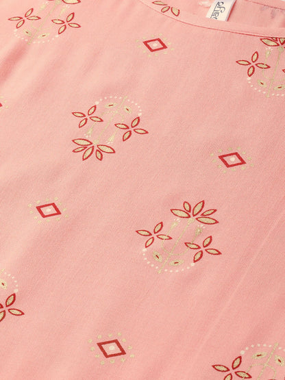 Peach & Grey Gold Printed Straight Kurta Set With Skirt | LASVINI - Redefining Indian Fashion with Elegance