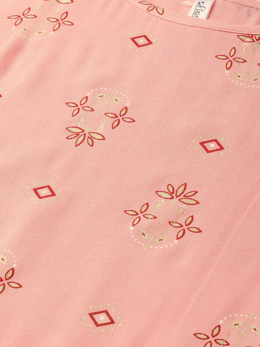 Peach & Grey Gold Printed Straight Kurta Set With Skirt | LASVINI - Redefining Indian Fashion with Elegance