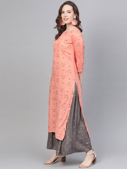 Peach & Grey Gold Printed Straight Kurta Set With Skirt | LASVINI - Redefining Indian Fashion with Elegance