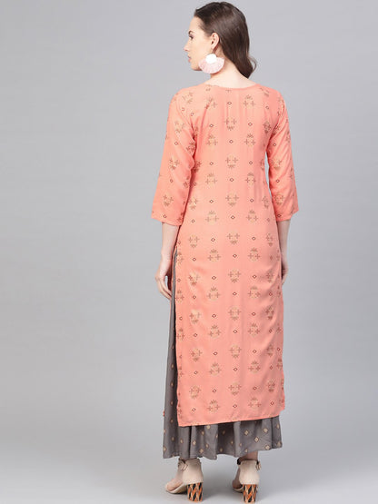 Peach & Grey Gold Printed Straight Kurta Set With Skirt | LASVINI - Redefining Indian Fashion with Elegance