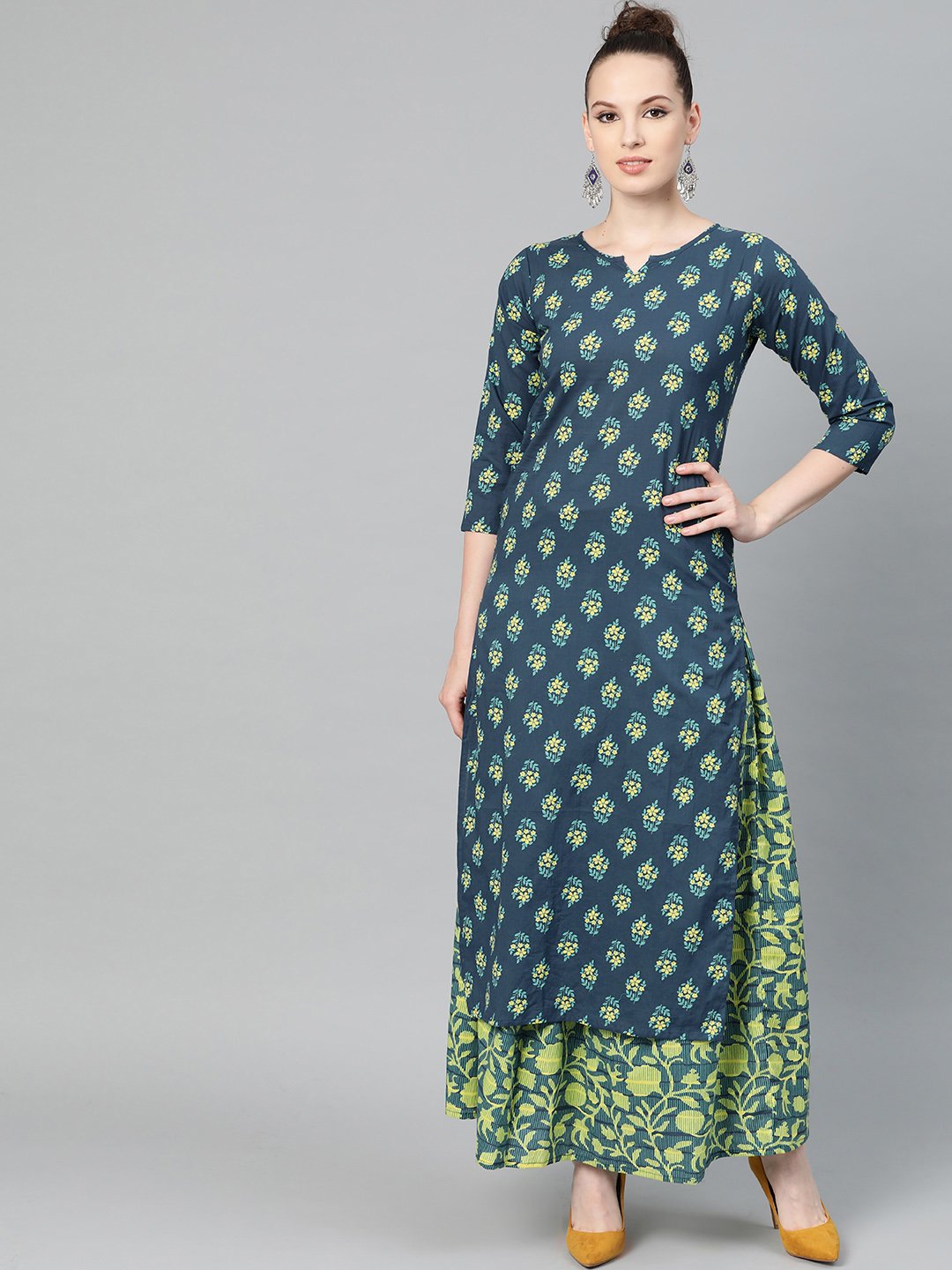 Teal Green & Lime Green Floral Printed Kurta Set With Skirt | LASVINI - Redefining Indian Fashion with Elegance