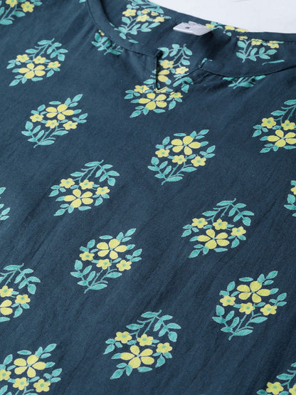 Teal Green & Lime Green Floral Printed Kurta Set With Skirt | LASVINI - Redefining Indian Fashion with Elegance