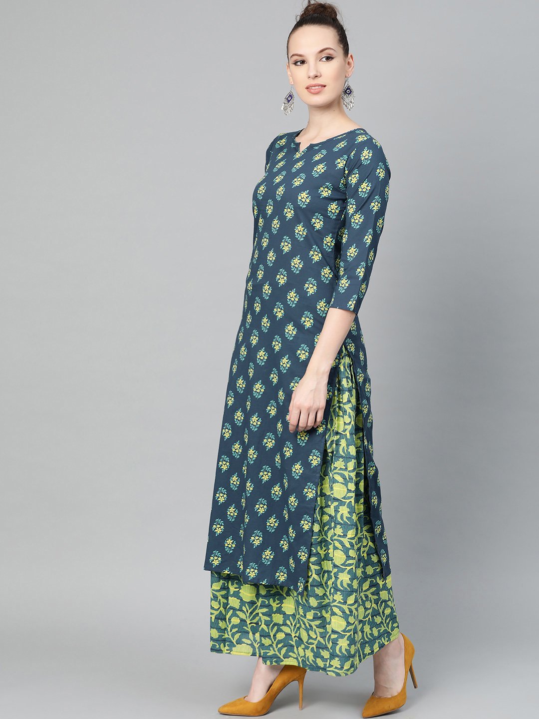 Teal Green & Lime Green Floral Printed Kurta Set With Skirt | LASVINI - Redefining Indian Fashion with Elegance