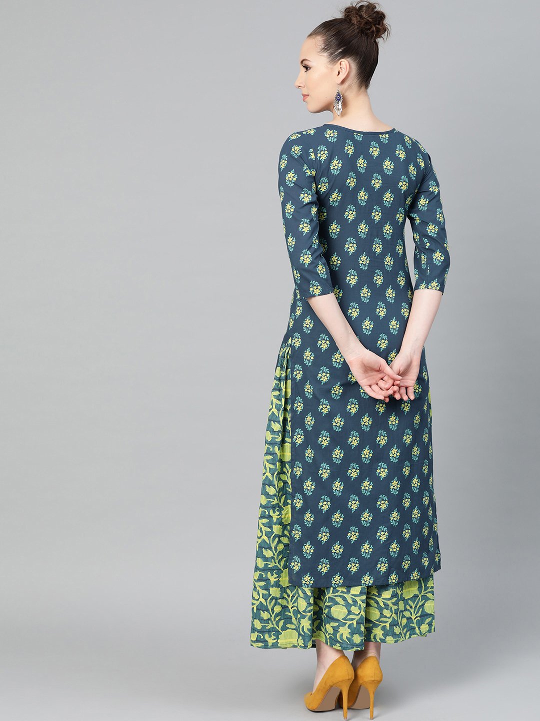 Teal Green & Lime Green Floral Printed Kurta Set With Skirt | LASVINI - Redefining Indian Fashion with Elegance