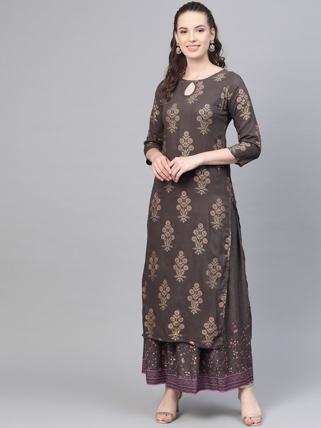 Grey Gold Printed Kurta Set With Skirt | LASVINI - Redefining Indian Fashion with Elegance