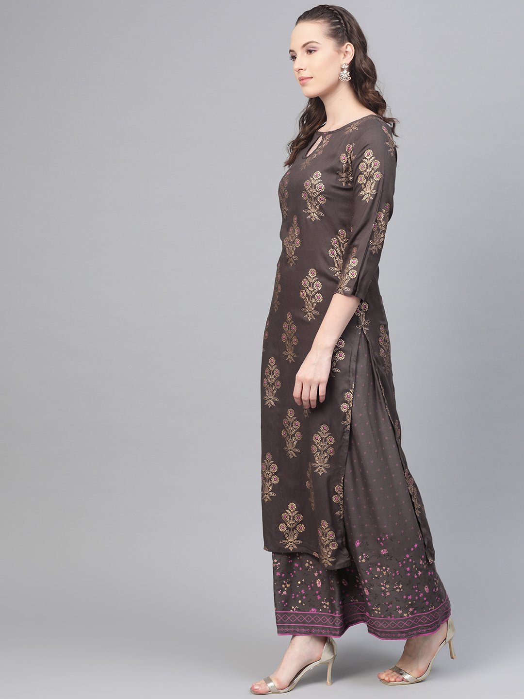 Grey Gold Printed Kurta Set With Skirt | LASVINI - Redefining Indian Fashion with Elegance