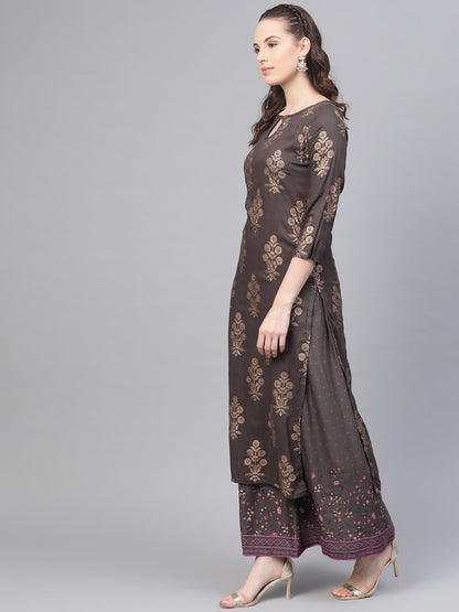 Grey Gold Printed Kurta Set With Skirt | LASVINI - Redefining Indian Fashion with Elegance
