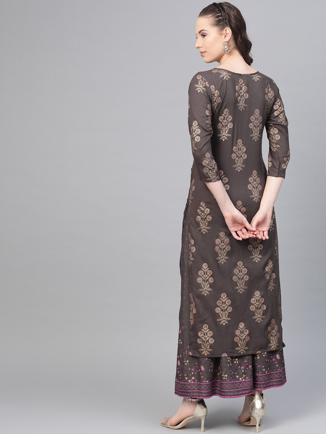 Grey Gold Printed Kurta Set With Skirt | LASVINI - Redefining Indian Fashion with Elegance