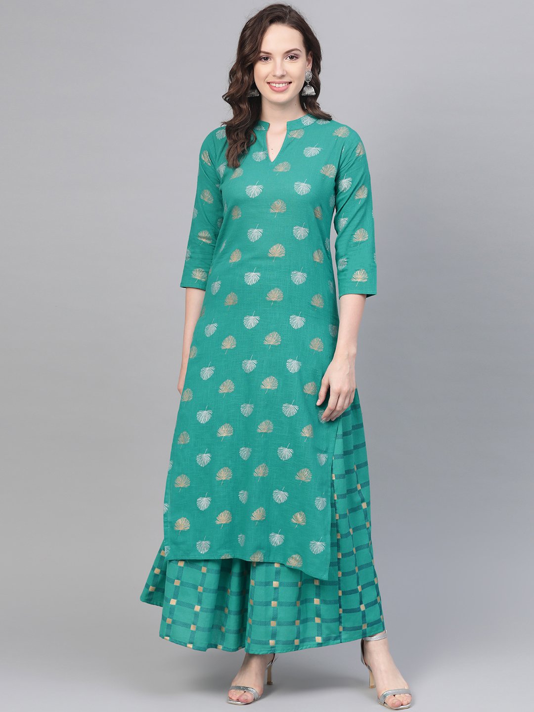 Rama Green Gold Printed Kurta Set With Skirt | LASVINI - Redefining Indian Fashion with Elegance