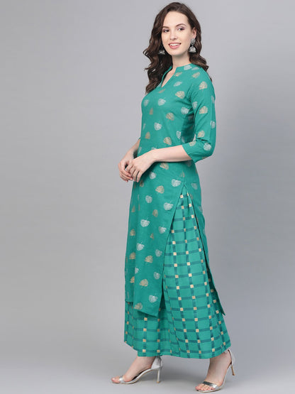 Rama Green Gold Printed Kurta Set With Skirt | LASVINI - Redefining Indian Fashion with Elegance