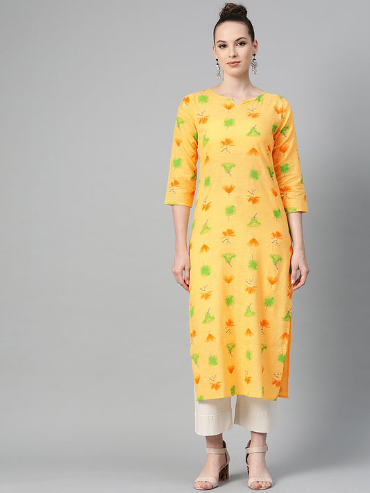 Yellow Multi Colored Printed Kurta With Round Neck With V & 3/4 Sleeves | LASVINI - Redefining Indian Fashion with Elegance